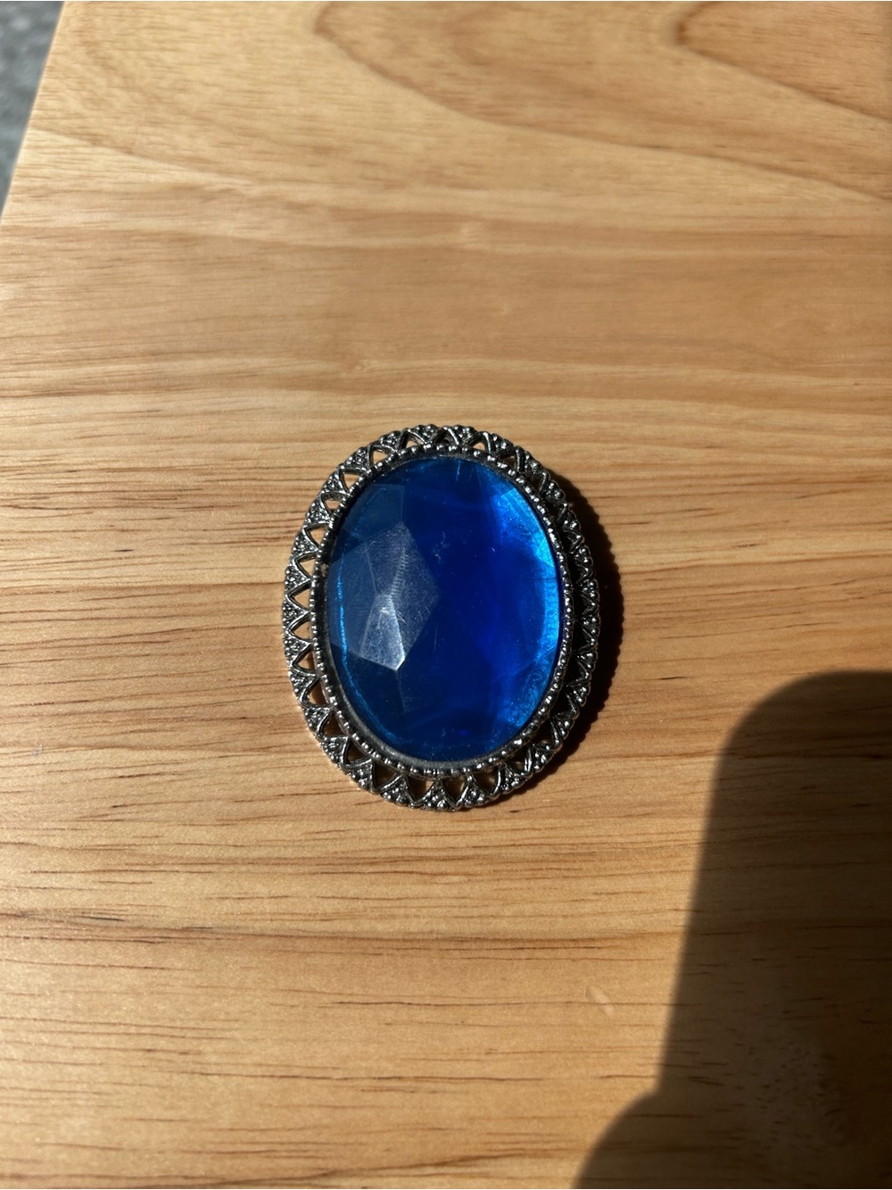 Oval Blue Glass Brooch/Necklace Pendant with Filigree Frame